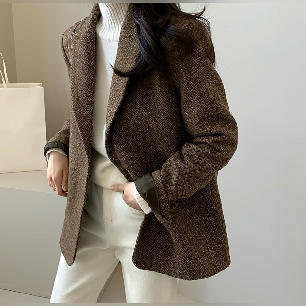 Women's Brown Herringbone Single-Button Blazer - image 3